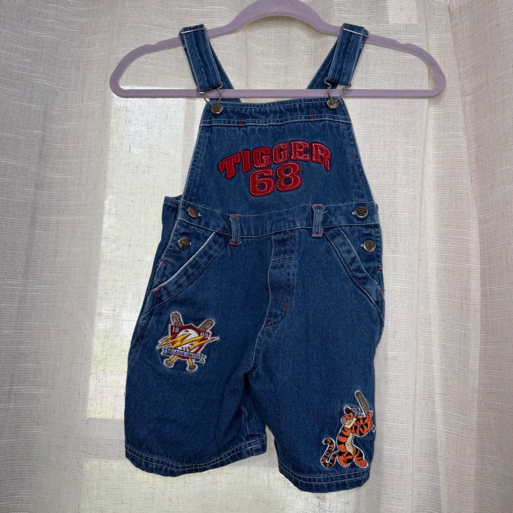 Y2K Vintage Disney Tigger Baseball Denim Shortalls Embroidered Blue Toddler 5T